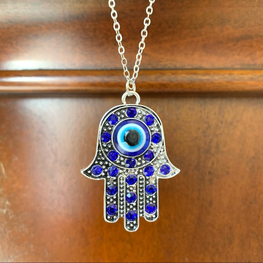Bling blue crystal Hamsa hand evil eye Necklace